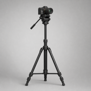 Adjustable black camera support stand with fluid head