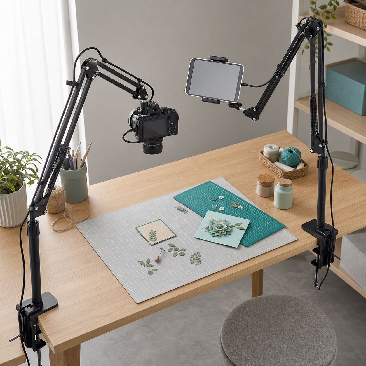 Dual overhead arm kit in a craft recording setup