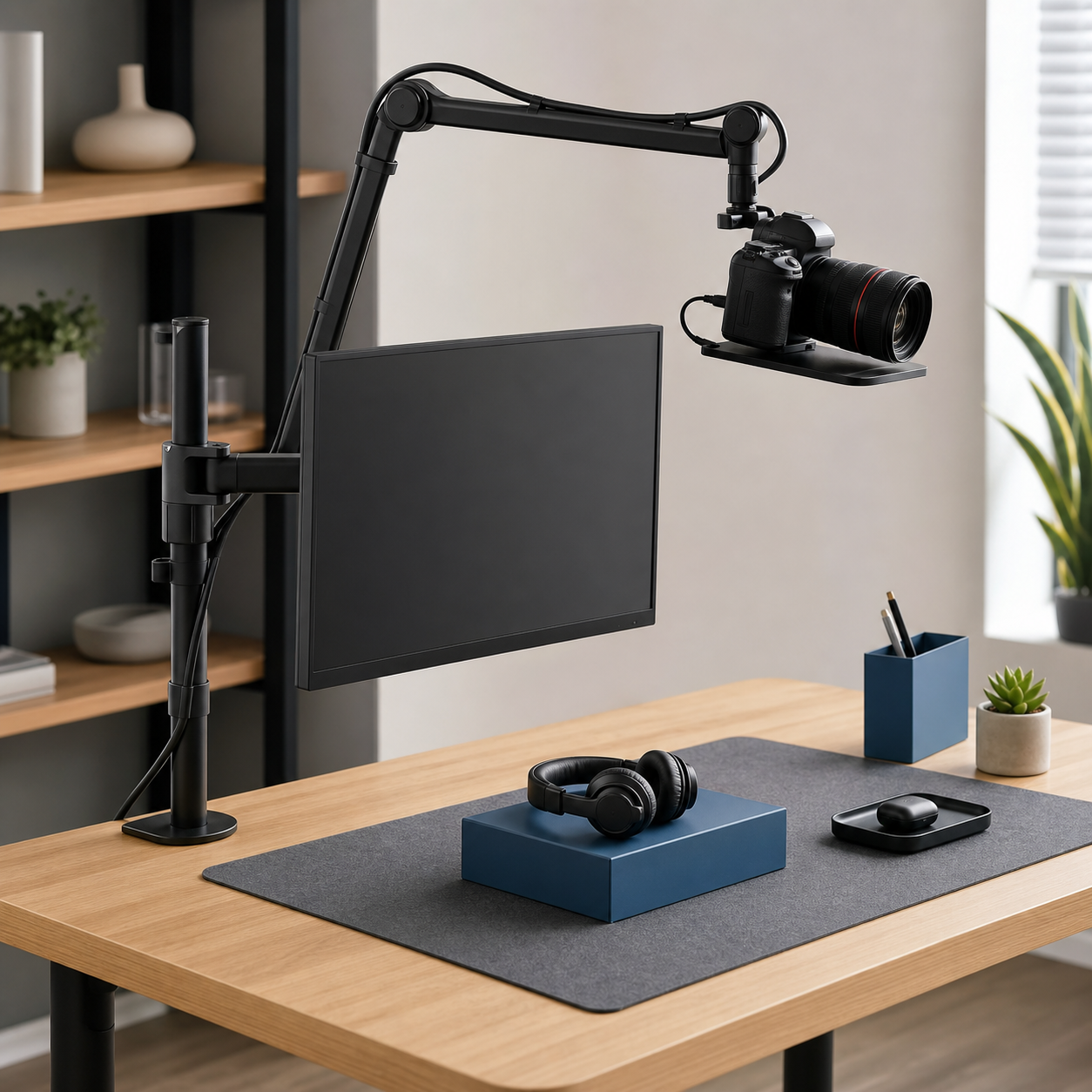 Overhead monitor and camera bundle in a creator workstation